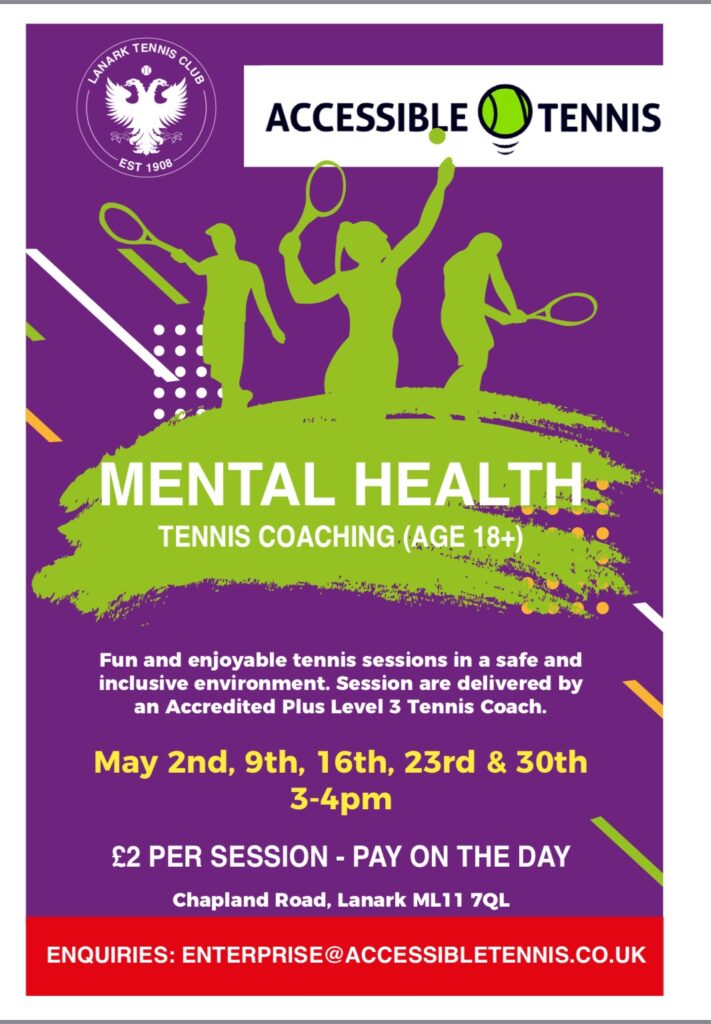 Mental health tennis coaching (age 18+)

May 02nd, 9th, 16th, 23rd and 30th
£2 per session
Chapland Road , Lanark