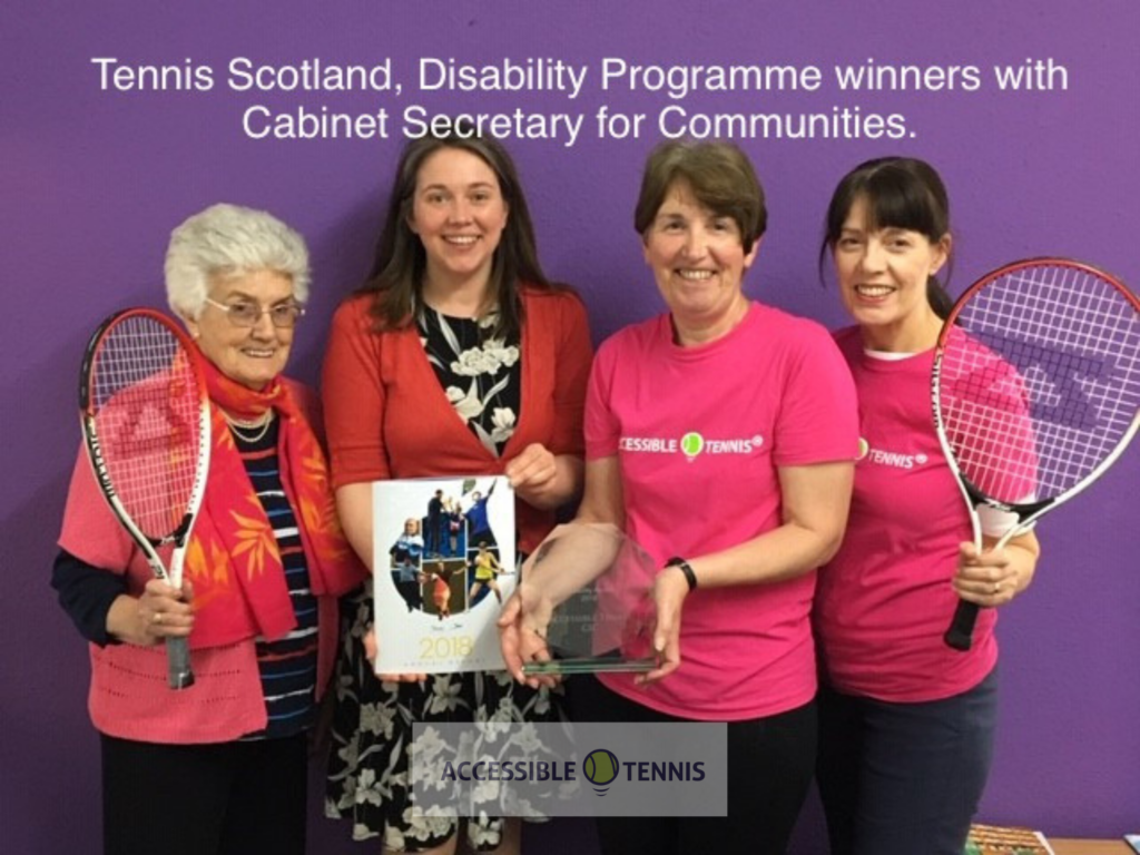 Marie and team meeting Aileen Campbell, with the 2018 Tennis Scotland Award for Disability Programme